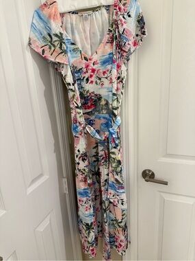 Tommy Bahama Tropical Floral V-Neck Jumpsuit — Pink Blue Cream